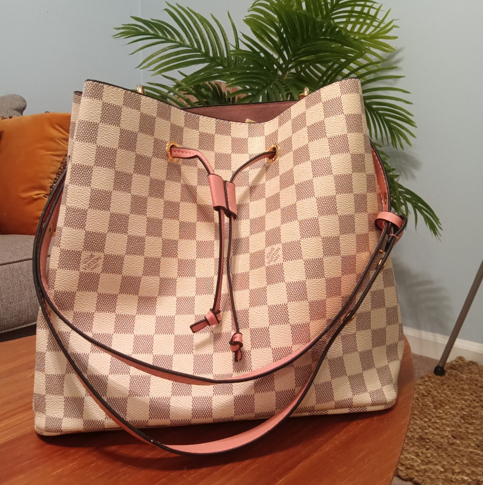 Luxury Checkered Canvas Drawstring Tote Bag - Pink Trim